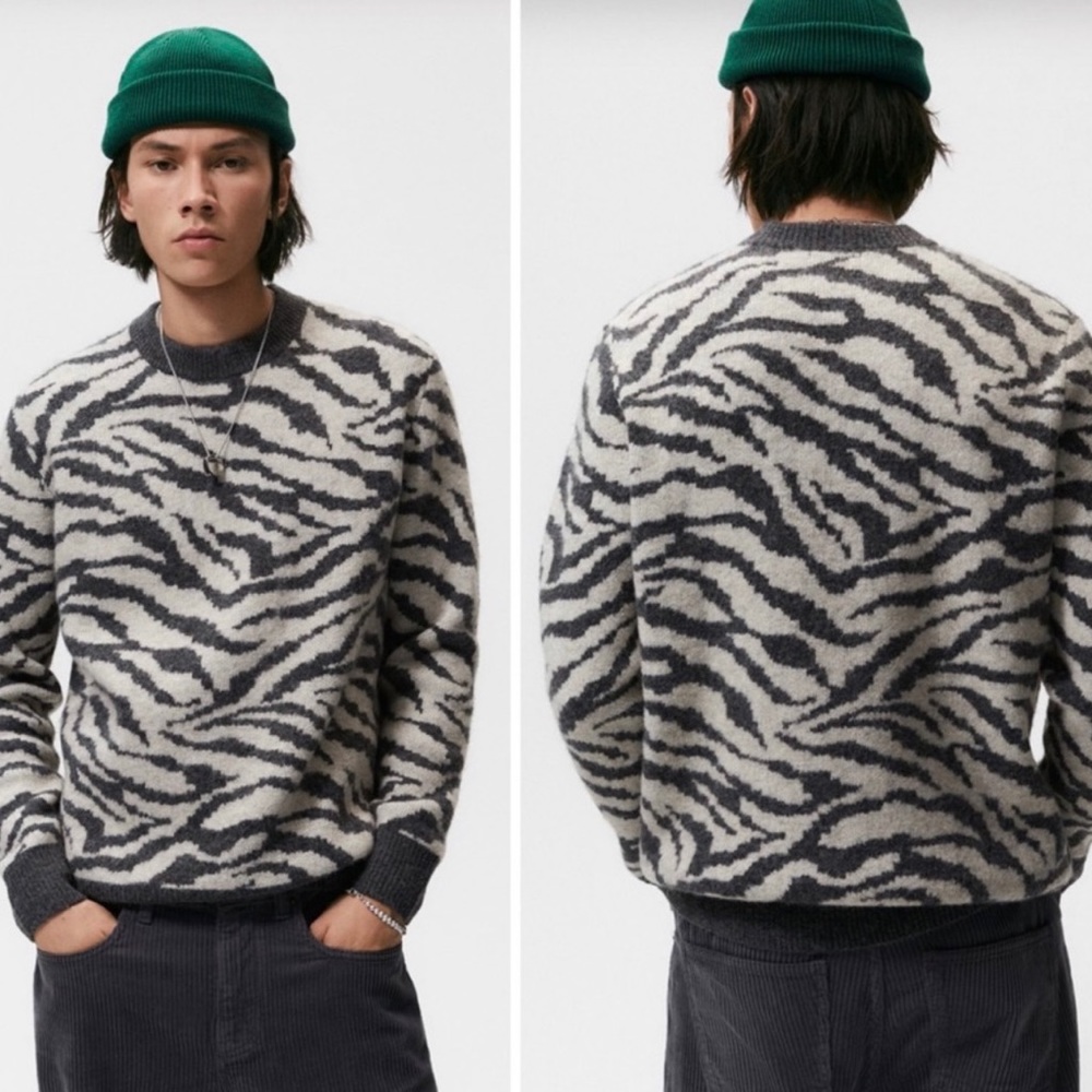 Zara Knit Jacquard Zebra print wool blend sweater mens XL